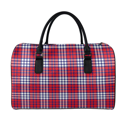 Blue Red And White USA Plaid Print Leather Duffle Bag