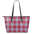 Blue Red And White USA Plaid Print Leather Tote Bag With Zipper