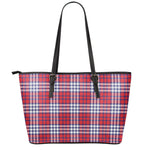 Blue Red And White USA Plaid Print Leather Tote Bag