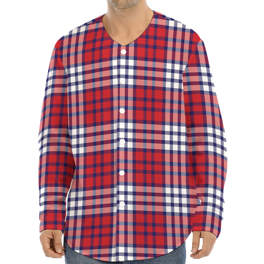Blue Red And White USA Plaid Print Long Sleeve Baseball Jersey
