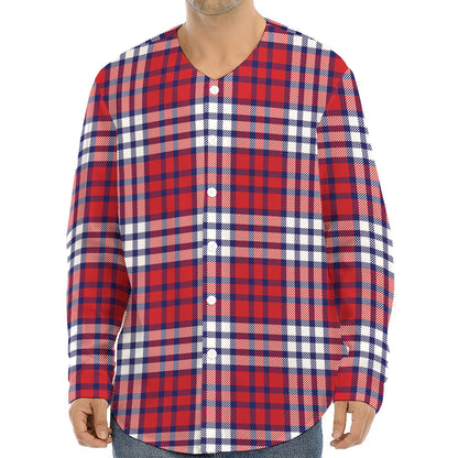 Blue Red And White USA Plaid Print Long Sleeve Baseball Jersey