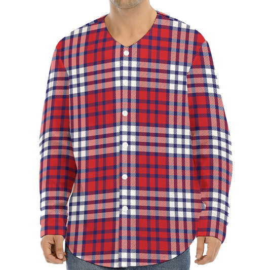 Blue Red And White USA Plaid Print Long Sleeve Baseball Jersey