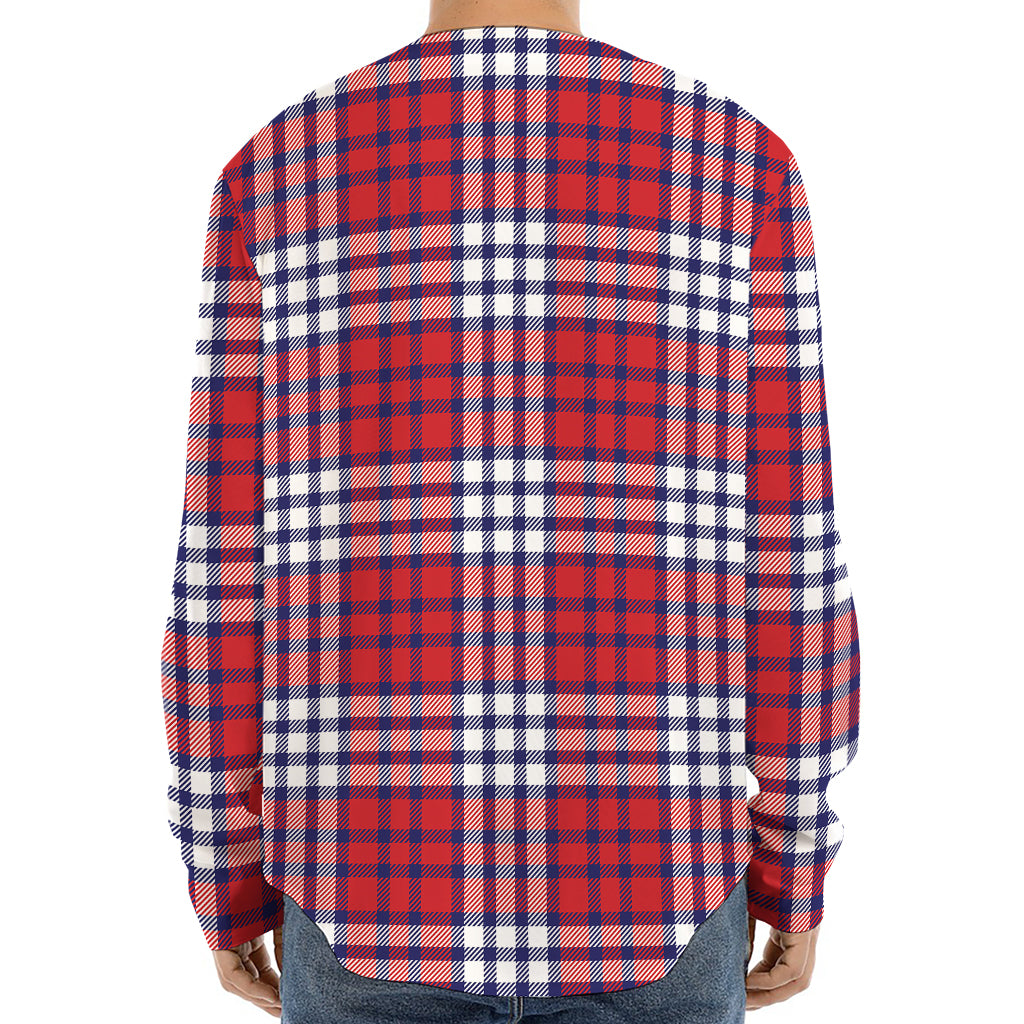 Blue Red And White USA Plaid Print Long Sleeve Baseball Jersey