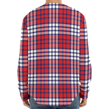 Blue Red And White USA Plaid Print Long Sleeve Baseball Jersey