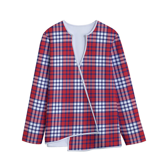 Blue Red And White USA Plaid Print Long Sleeve Short Coat