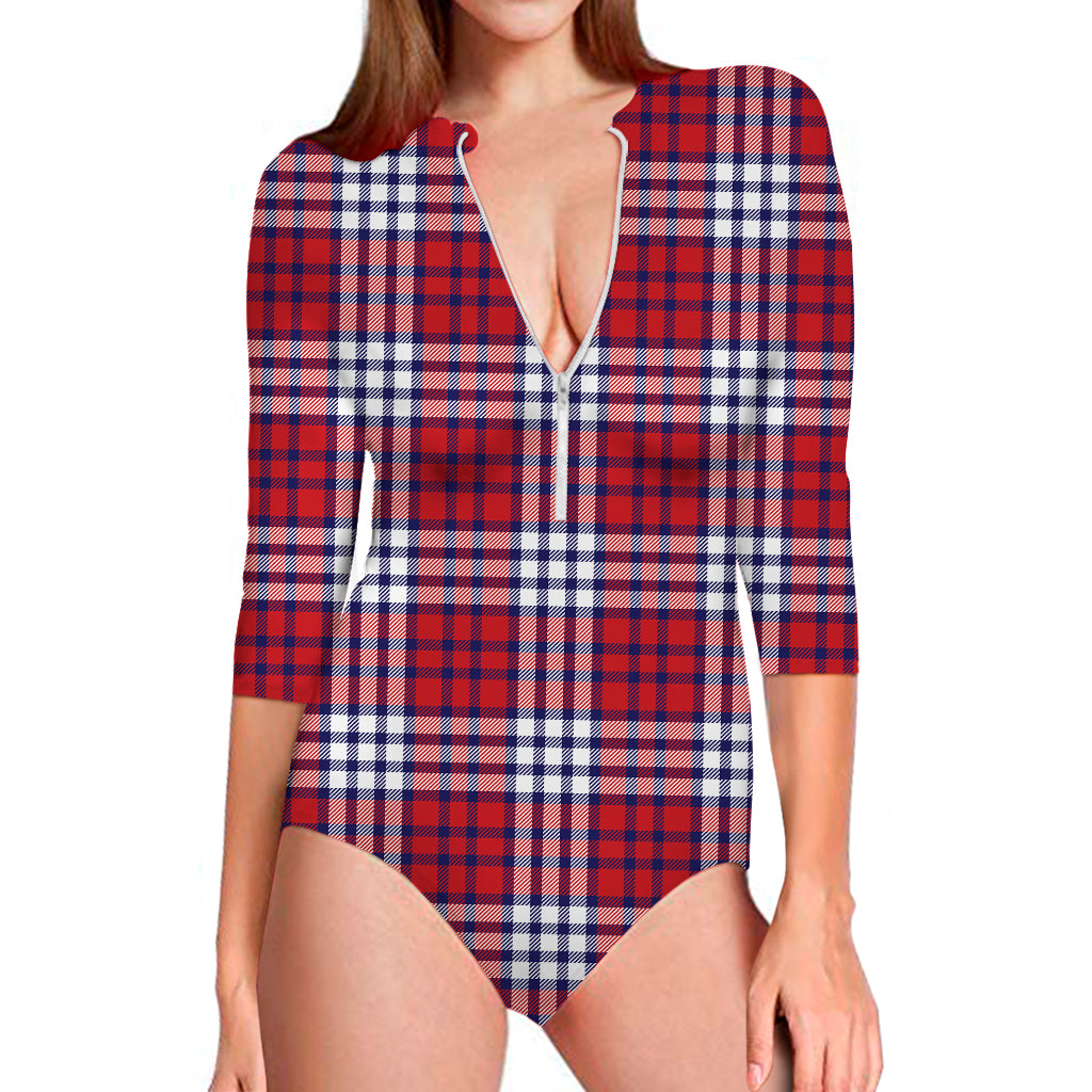 Blue Red And White USA Plaid Print Long Sleeve Swimsuit