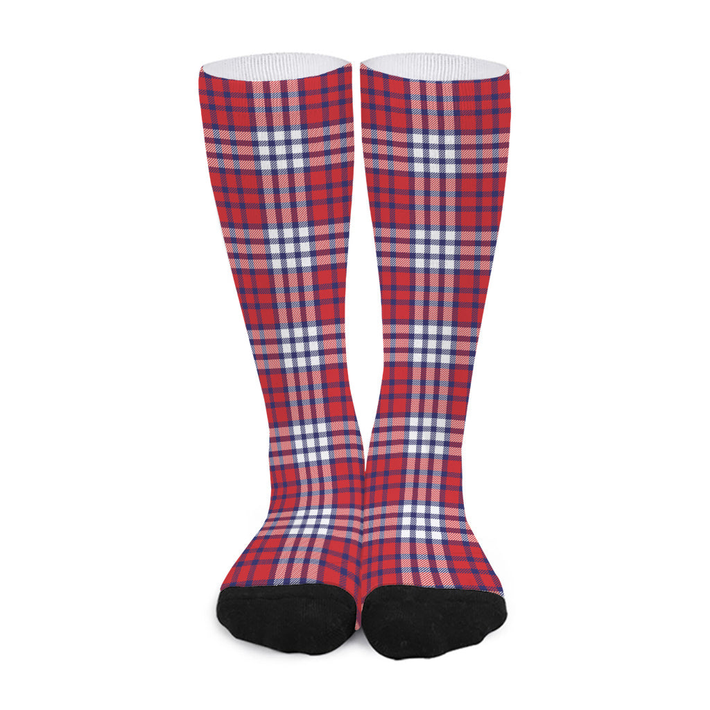 Blue Red And White USA Plaid Print Long Socks