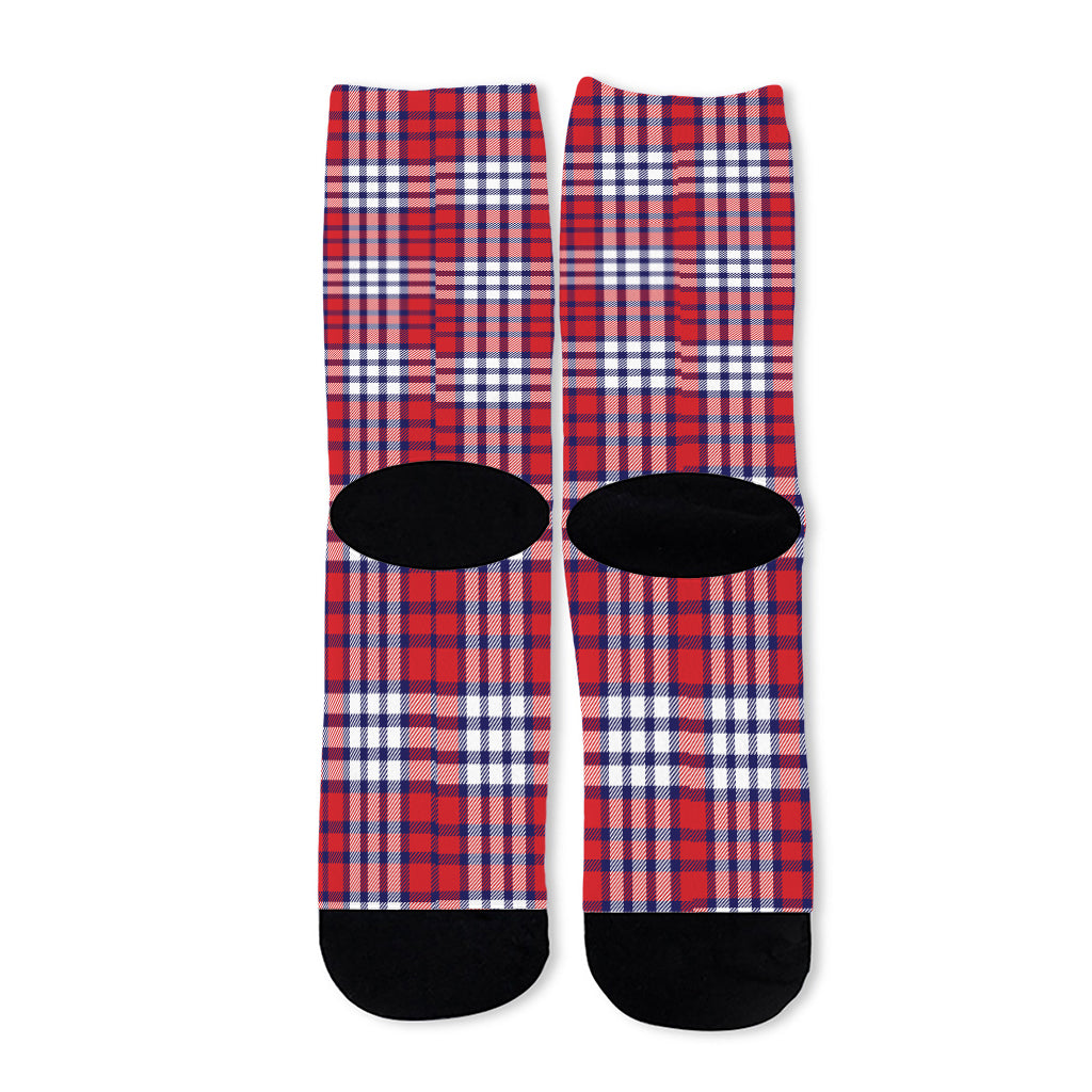 Blue Red And White USA Plaid Print Long Socks