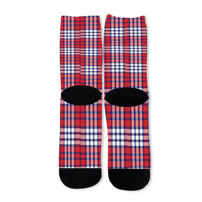 Blue Red And White USA Plaid Print Long Socks