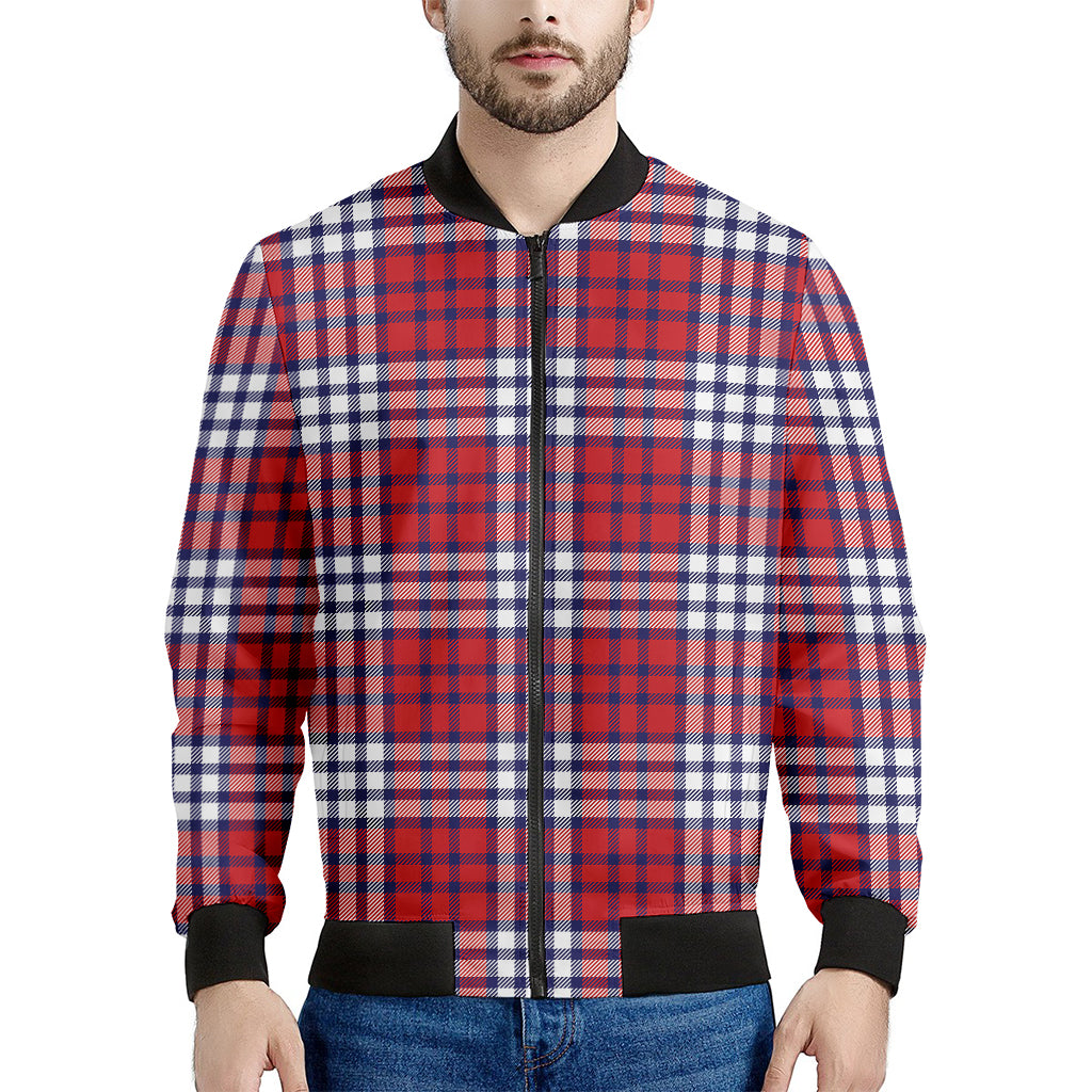 Blue Red And White USA Plaid Print Men's Bomber Jacket