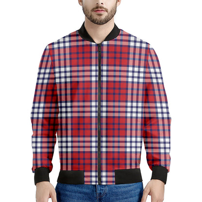 Blue Red And White USA Plaid Print Men's Bomber Jacket
