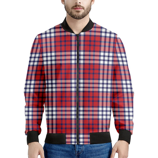Blue Red And White USA Plaid Print Men's Bomber Jacket