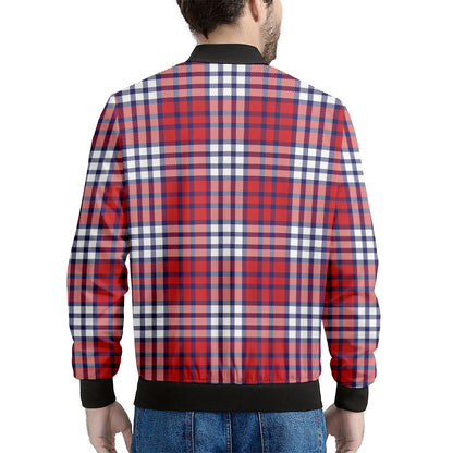 Blue Red And White USA Plaid Print Men's Bomber Jacket
