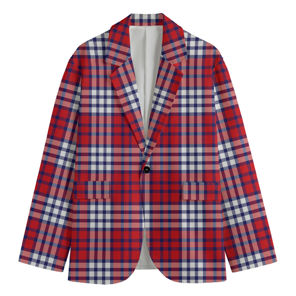 Blue Red And White USA Plaid Print Men's Cotton Blazer