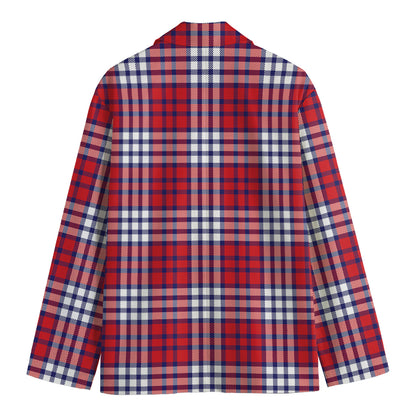 Blue Red And White USA Plaid Print Men's Cotton Blazer
