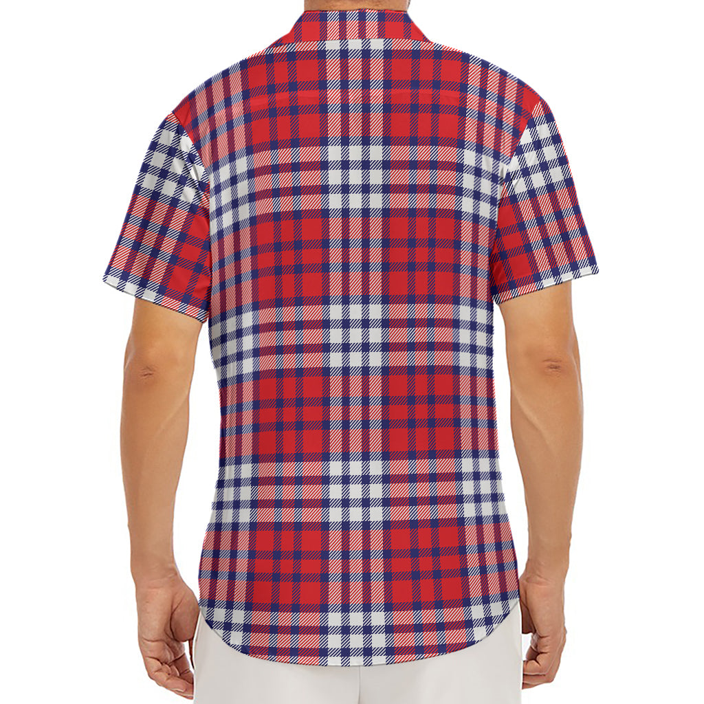 Blue Red And White USA Plaid Print Men's Deep V-Neck Shirt