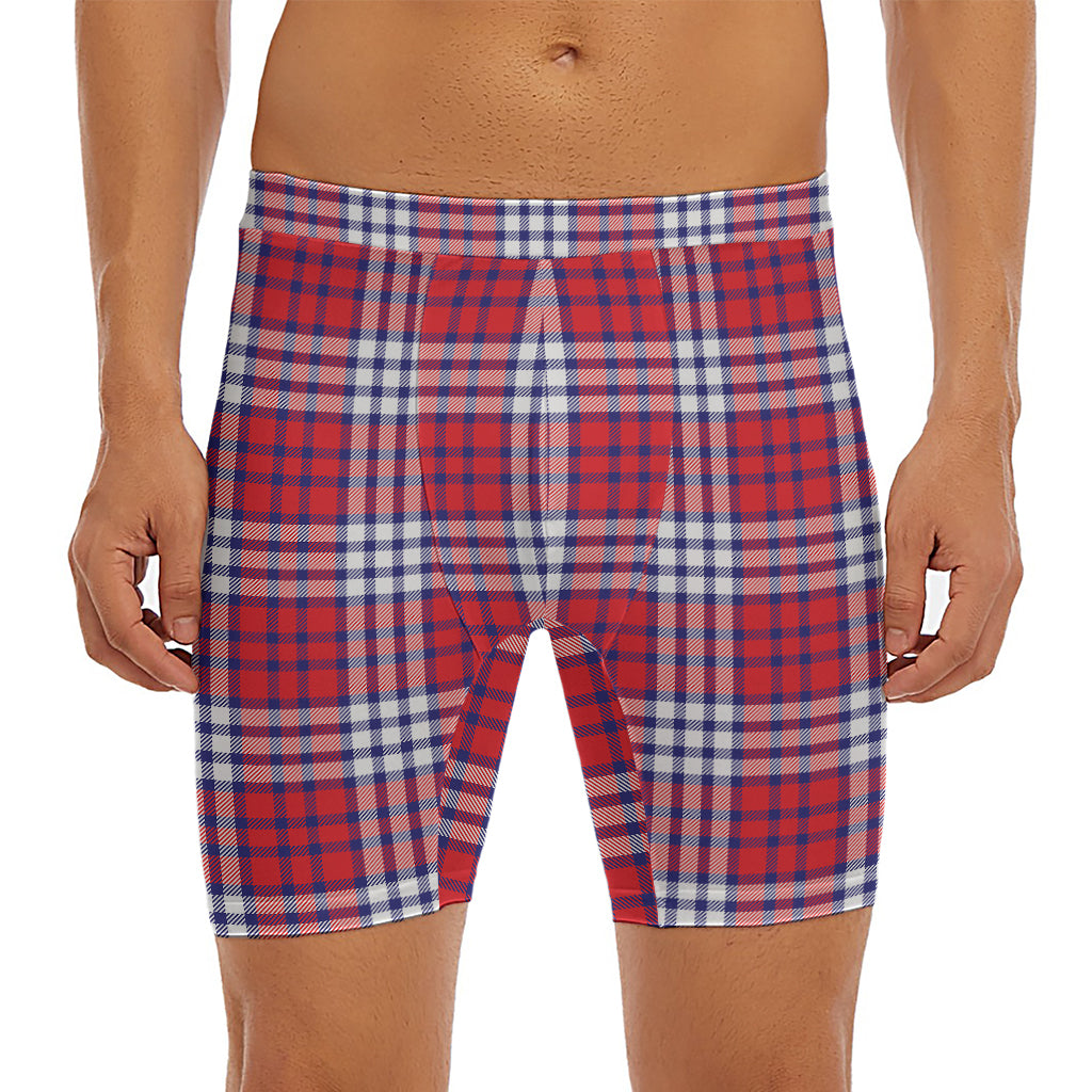 Blue Red And White USA Plaid Print Men's Long Boxer Briefs