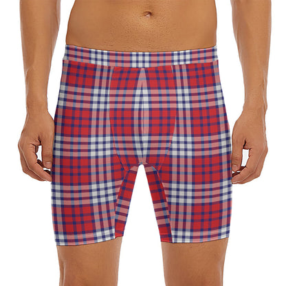 Blue Red And White USA Plaid Print Men's Long Boxer Briefs