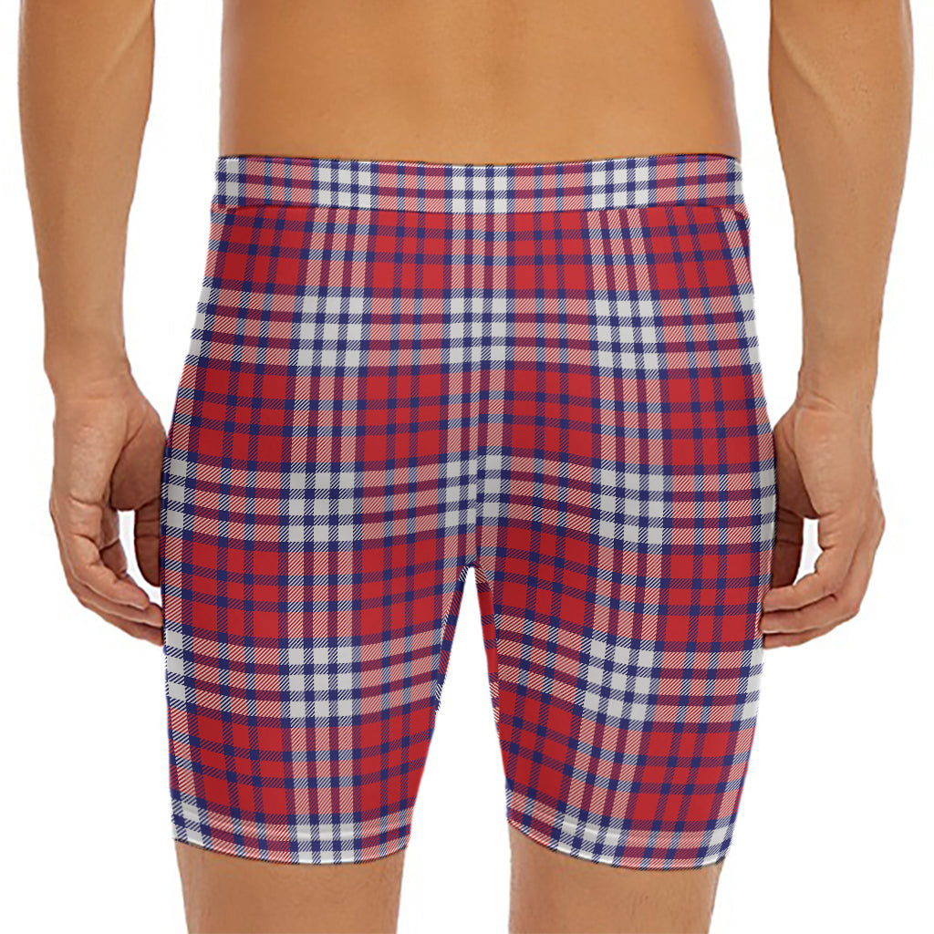Blue Red And White USA Plaid Print Men's Long Boxer Briefs