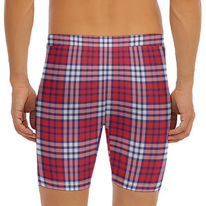 Blue Red And White USA Plaid Print Men's Long Boxer Briefs