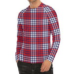 Blue Red And White USA Plaid Print Men's Long Sleeve Rash Guard