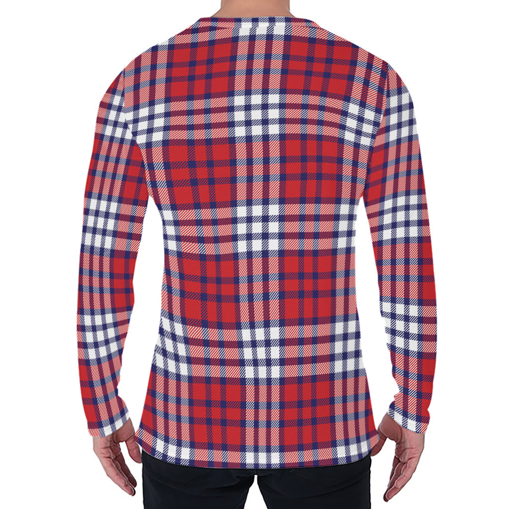 Blue Red And White USA Plaid Print Men's Long Sleeve T-Shirt