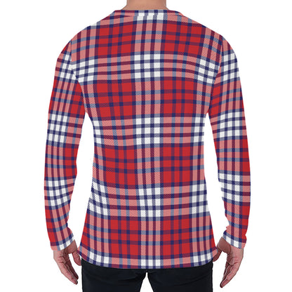 Blue Red And White USA Plaid Print Men's Long Sleeve T-Shirt