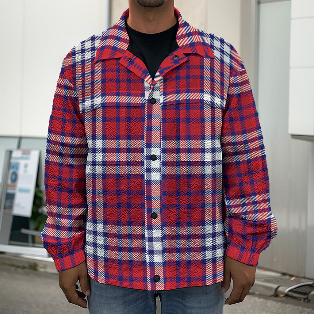 Blue Red And White USA Plaid Print Men's Shirt Jacket