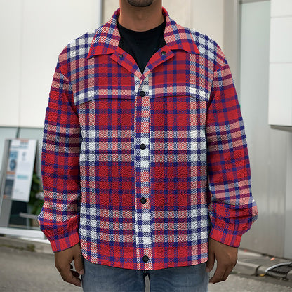 Blue Red And White USA Plaid Print Men's Shirt Jacket