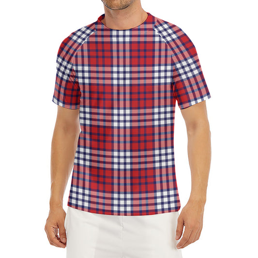 Blue Red And White USA Plaid Print Men's Short Sleeve Rash Guard