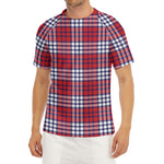 Blue Red And White USA Plaid Print Men's Short Sleeve Rash Guard