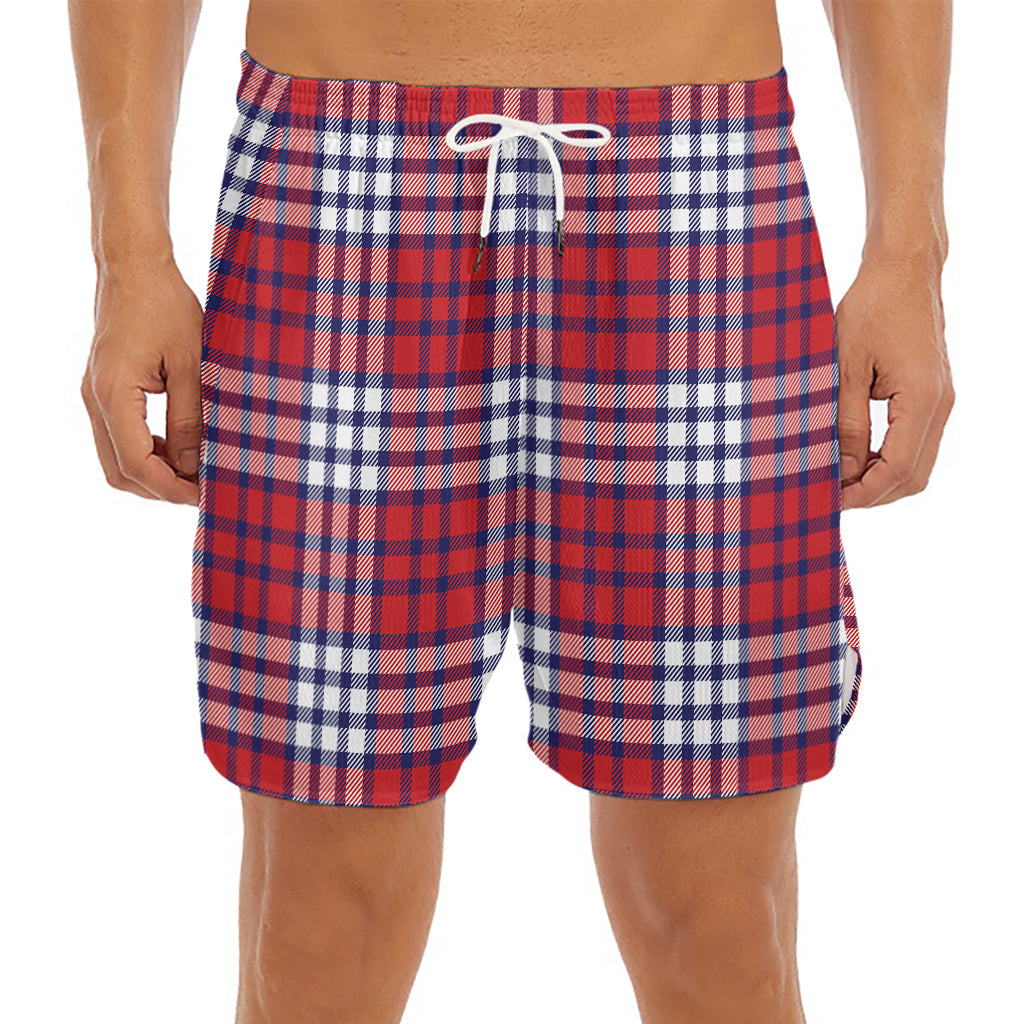 Blue Red And White USA Plaid Print Men's Split Running Shorts
