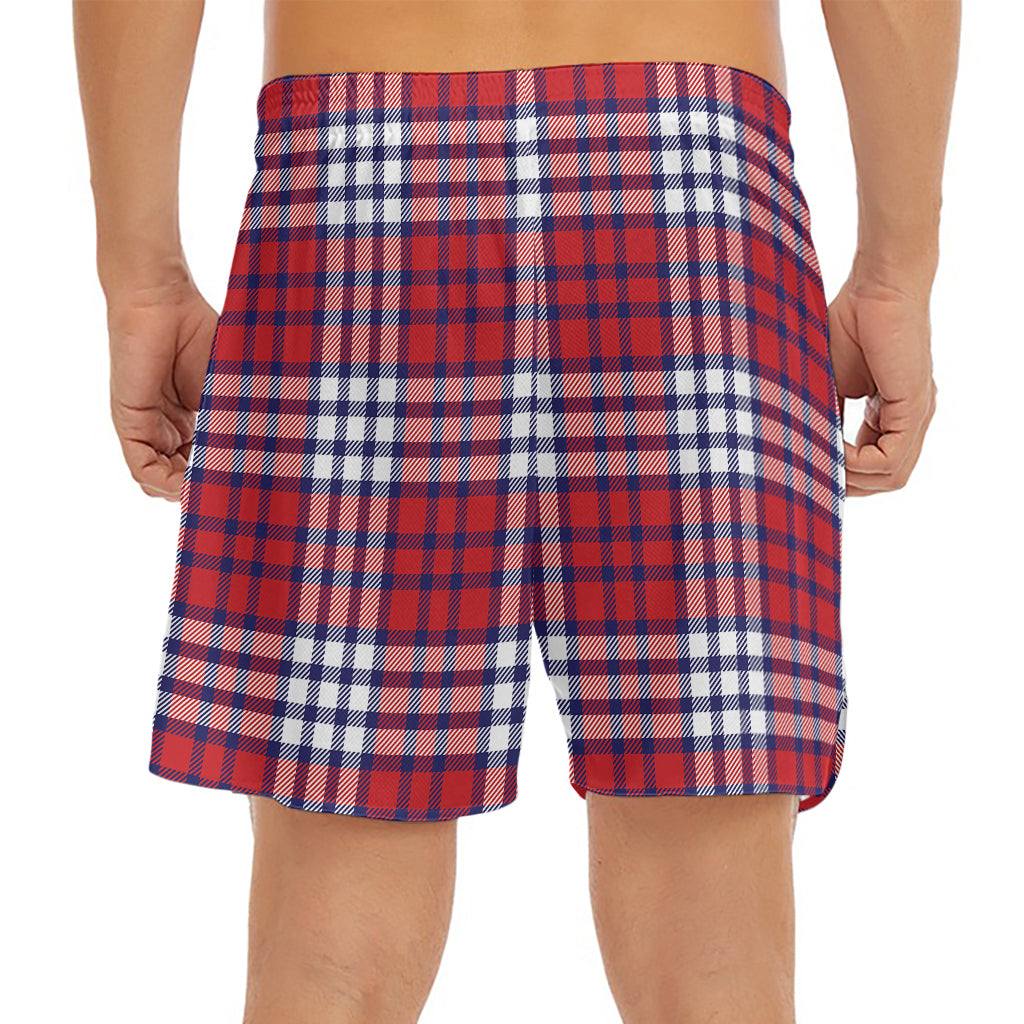 Blue Red And White USA Plaid Print Men's Split Running Shorts