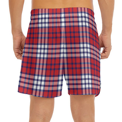 Blue Red And White USA Plaid Print Men's Split Running Shorts