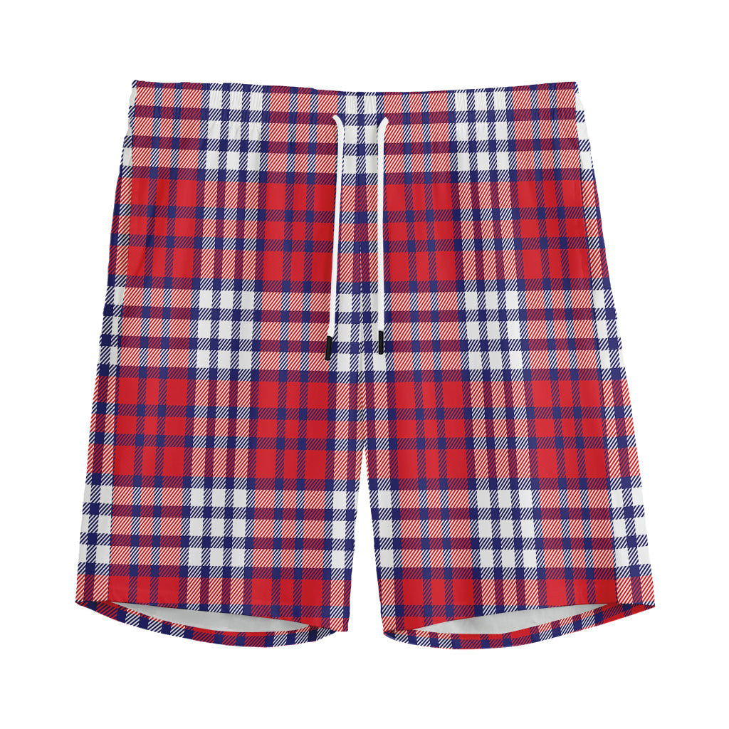 Blue Red And White USA Plaid Print Men's Sports Shorts