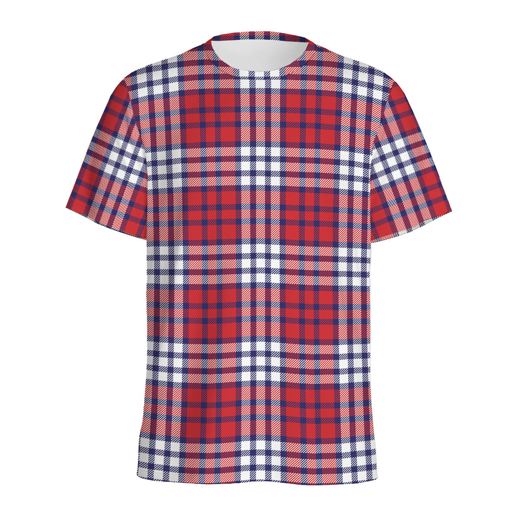Blue Red And White USA Plaid Print Men's Sports T-Shirt