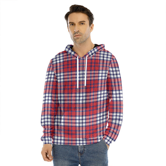 Blue Red And White USA Plaid Print Men's Velvet Pullover Hoodie