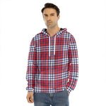 Blue Red And White USA Plaid Print Men's Velvet Pullover Hoodie