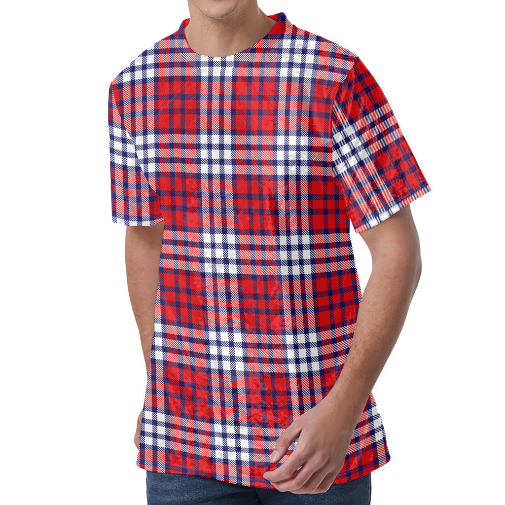 Blue Red And White USA Plaid Print Men's Velvet T-Shirt