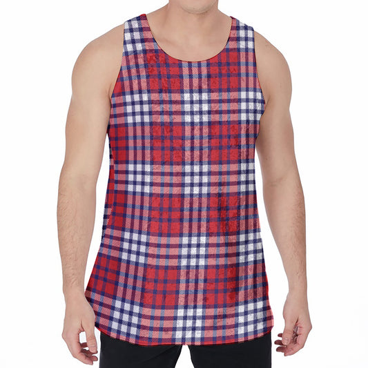 Blue Red And White USA Plaid Print Men's Velvet Tank Top