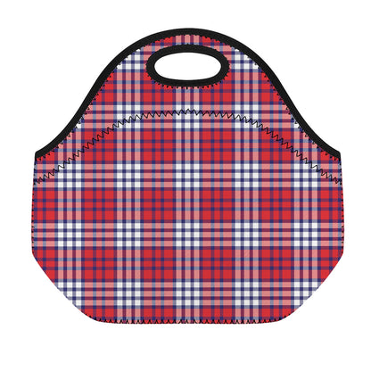 Blue Red And White USA Plaid Print Neoprene Lunch Bag
