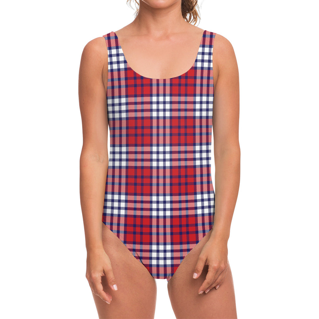 Blue Red And White USA Plaid Print One Piece Swimsuit