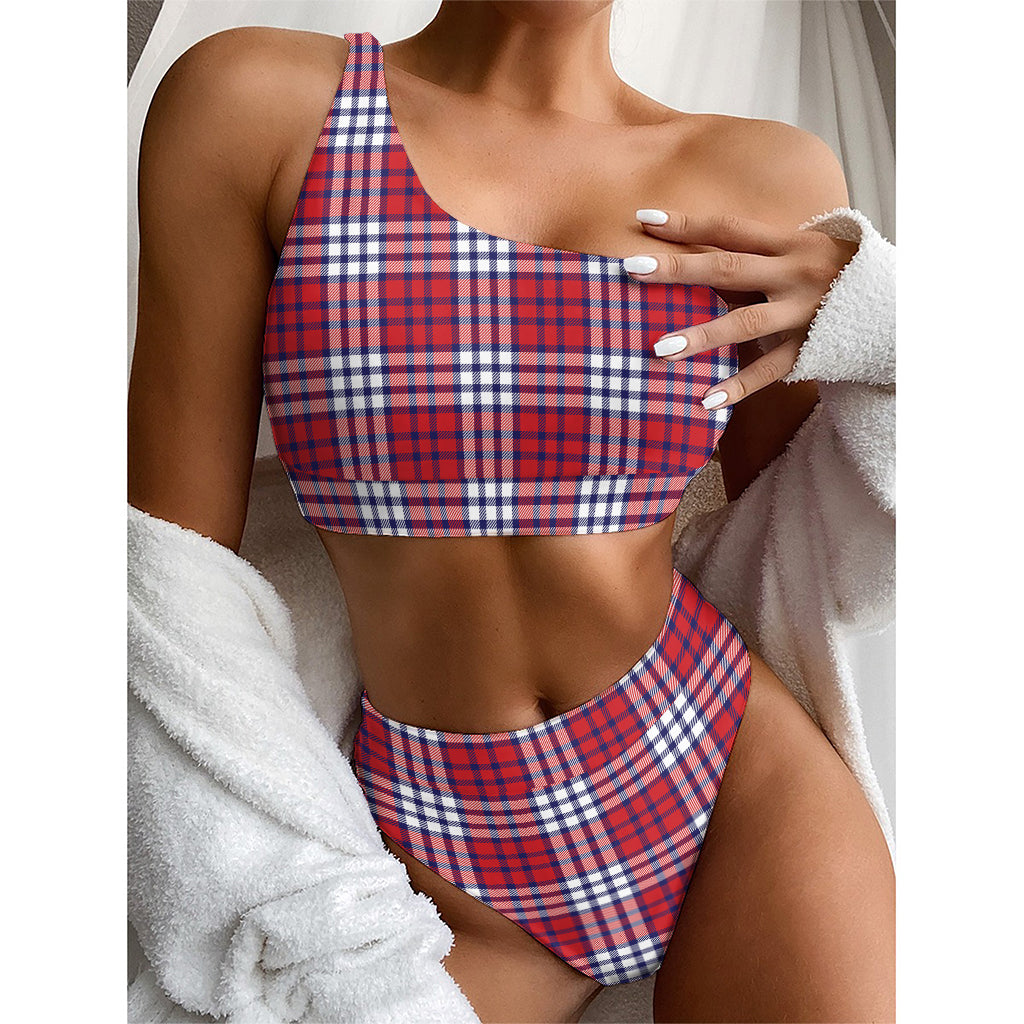 Blue Red And White USA Plaid Print One Shoulder Bikini Top