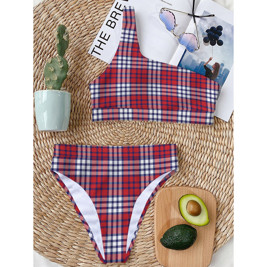Blue Red And White USA Plaid Print One Shoulder Bikini Top