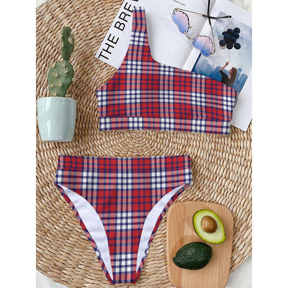 Blue Red And White USA Plaid Print One Shoulder Bikini Top