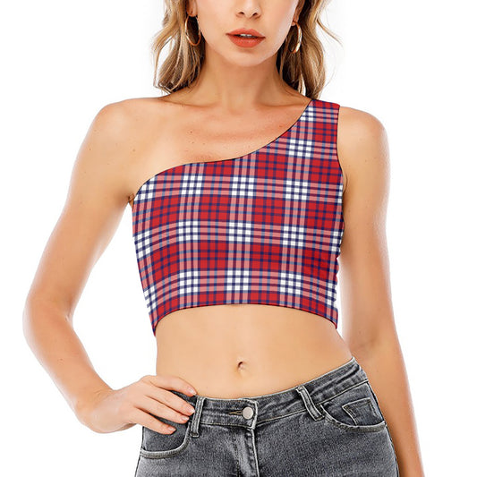 Blue Red And White USA Plaid Print One Shoulder Crop Top