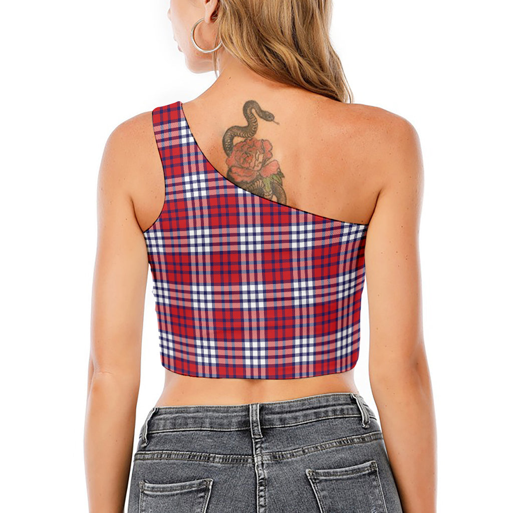 Blue Red And White USA Plaid Print One Shoulder Crop Top
