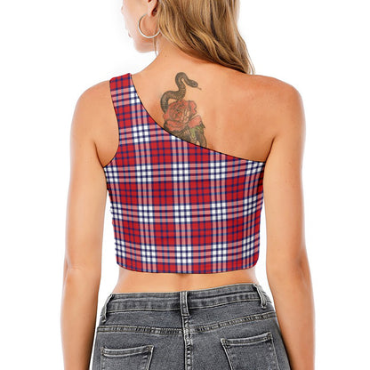 Blue Red And White USA Plaid Print One Shoulder Crop Top