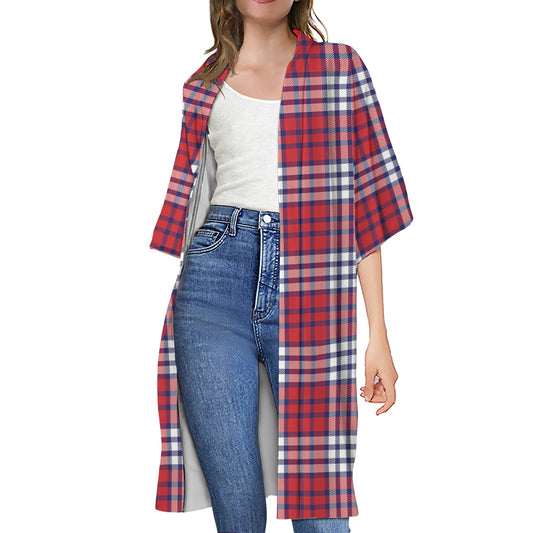 Blue Red And White USA Plaid Print Open Front Beach Cover Up