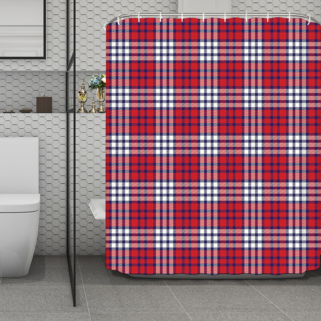 Blue Red And White USA Plaid Print Polyester Shower Curtain